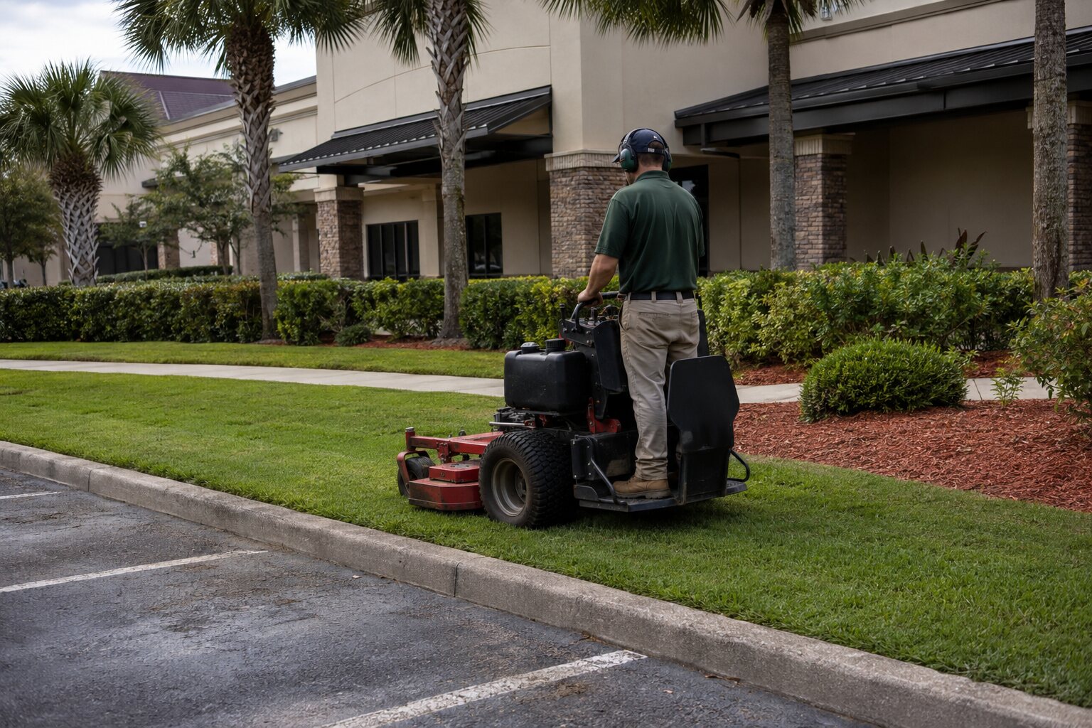 Grounds professional maintaining turf along a landscaped commercial storefront