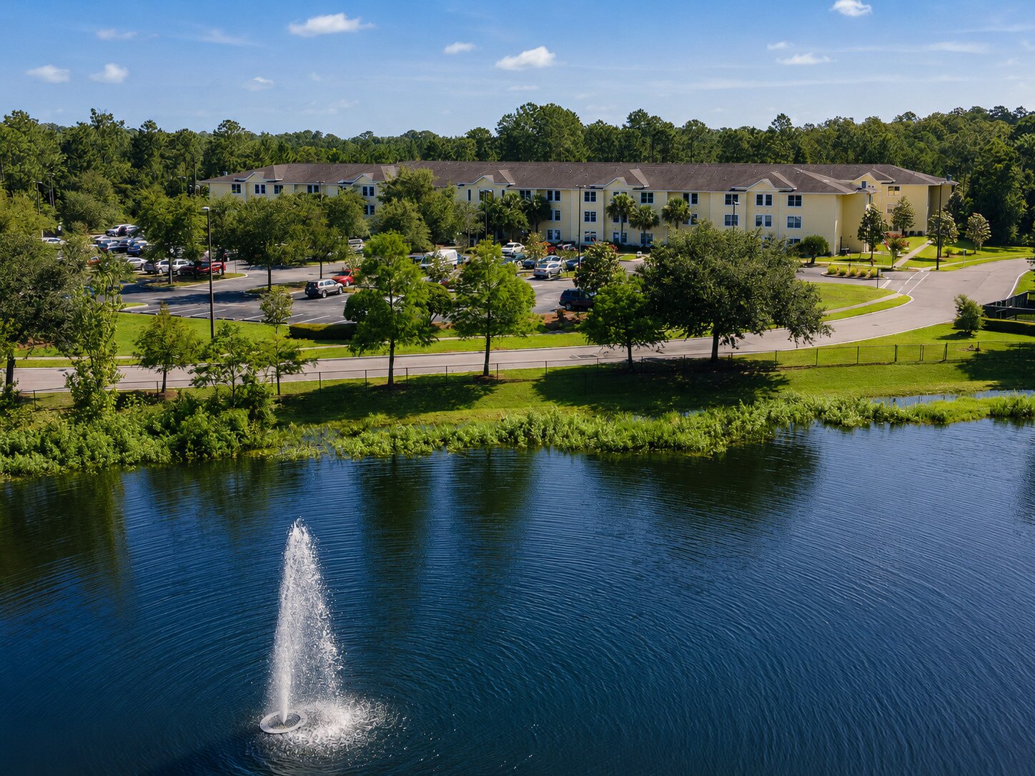 Aerial view of a Northeast Florida apartment community with maintained grounds and pond frontage