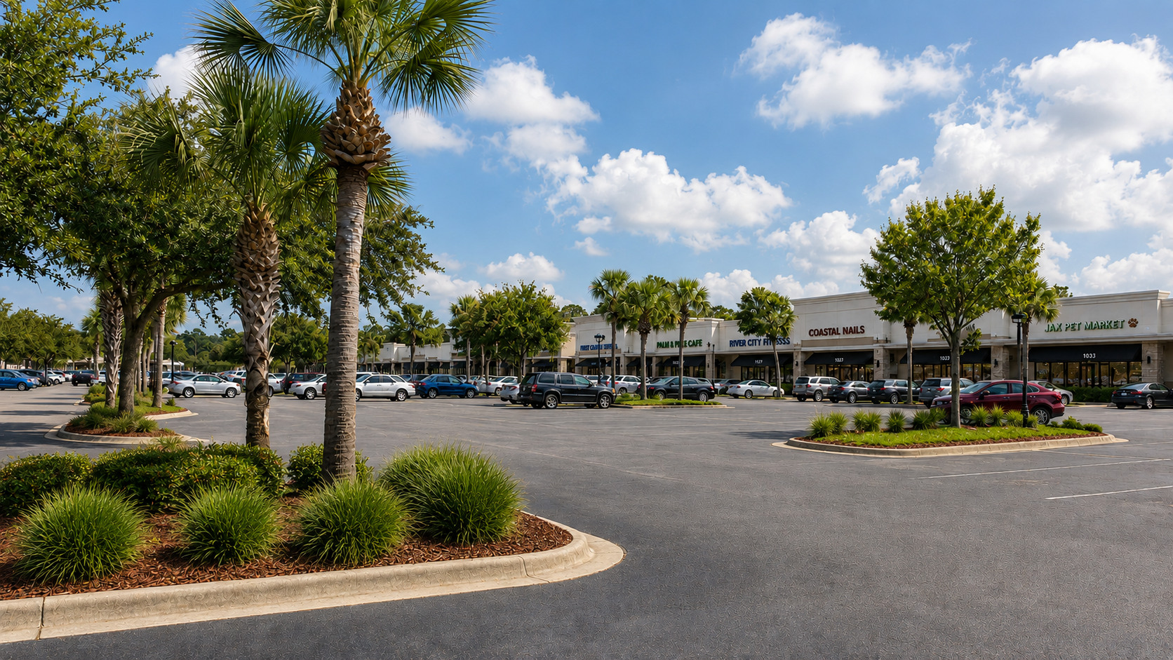 Wide overview of a Jacksonville shopping center and landscaped parking areas