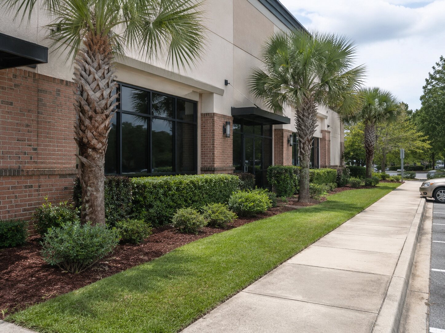 Well-kept Jacksonville storefront grounds with palms, shrubs, lawn, and defined beds